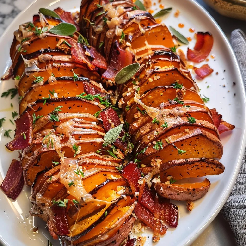 Roasted Hasselback Sweet Potatoes With Bacon Maple Brown Butter